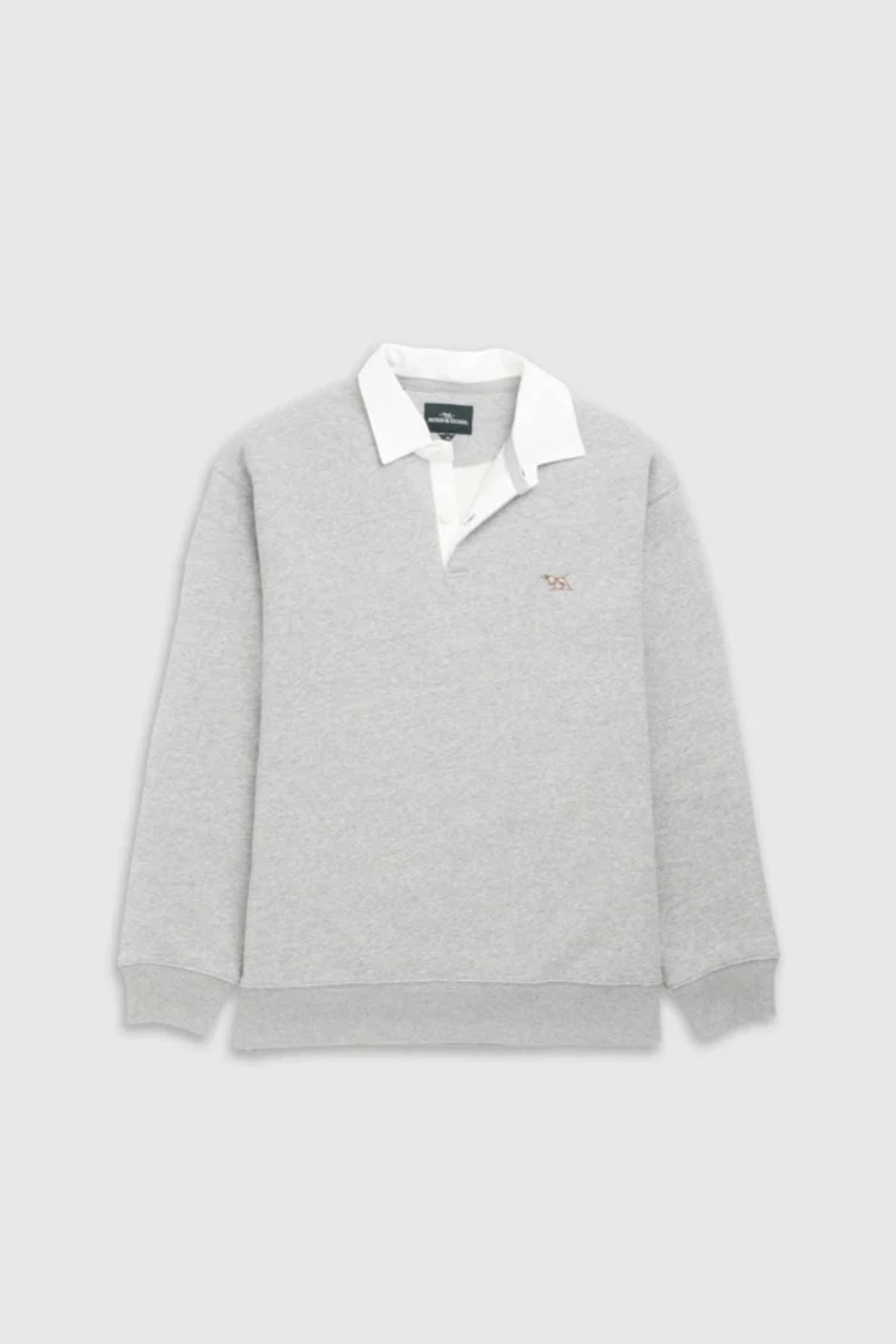 The Rodd & Gunn Otago Sweat is a light gray long-sleeve rugby-style shirt with a traditional twill rugby collar and cuffs, featuring the brand’s signature pointer logo embroidered on the left chest. Displayed on a plain light background.