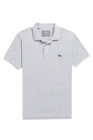 The Rodd & Gunn The Gunn Polo is a light grey, short-sleeve shirt featuring a collar, two-button placket, and small embroidered animal logo on the left chest. Made from soft Australian cotton for a comfortable modern fit.