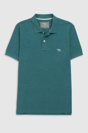The Rodd & Gunn The Gunn Polo is a teal, short-sleeve, modern-fit shirt with a collar and two buttons. Made from soft Australian Cotton, it features a small white embroidered animal logo on the left chest and is shown on a light gray background.