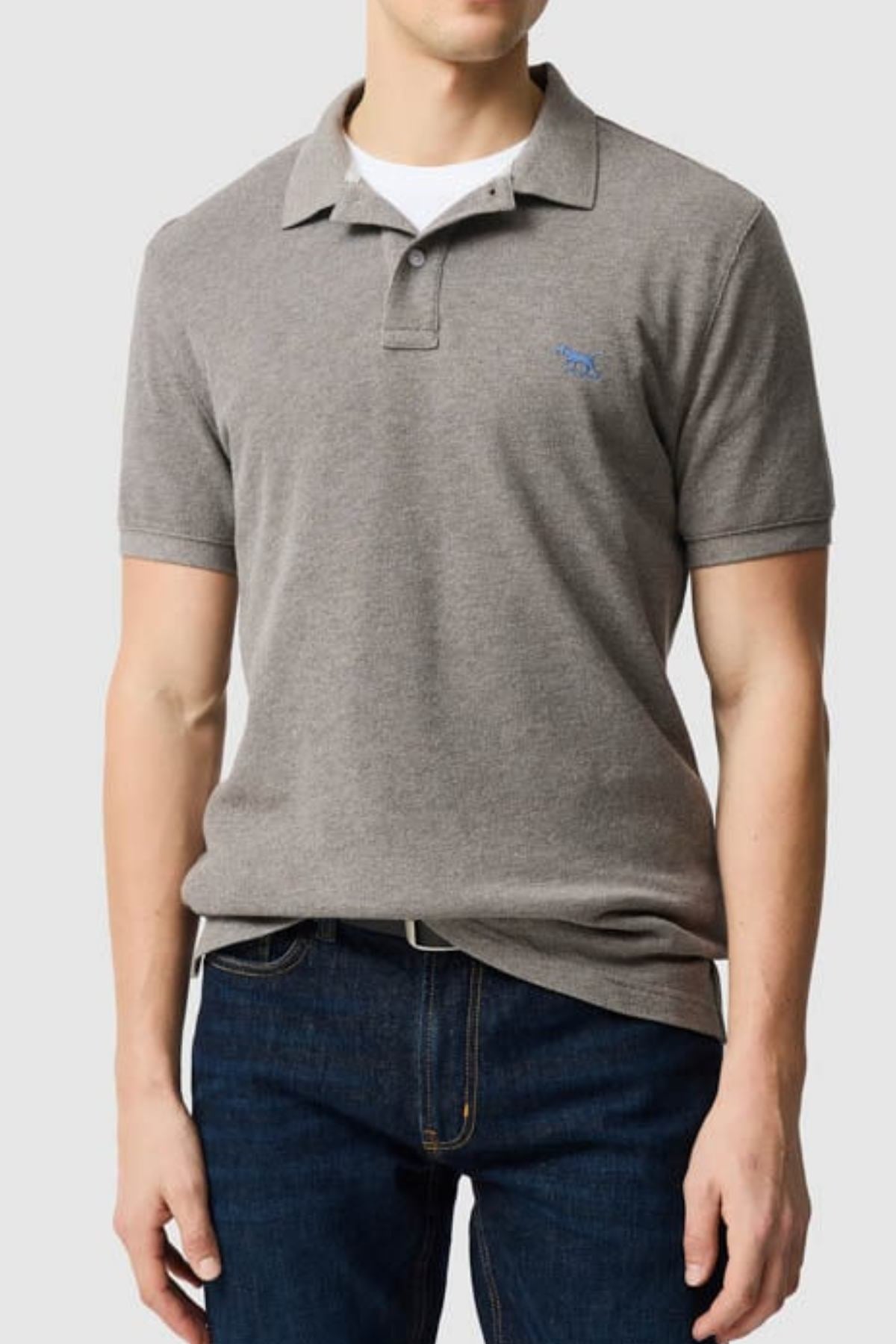 A person wearing the Rodd & Gunn The Gunn Polo in gray over a white undershirt with dark blue jeans stands against a plain light background, their head partially out of frame.