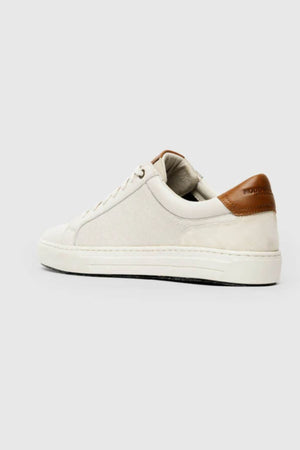 The Rodd & Gunn Transit Sneaker is a white low-top with premium leather, a brown heel accent, white laces, textured rubber sole, and removable foot bed for comfort—all presented on a light gray background.