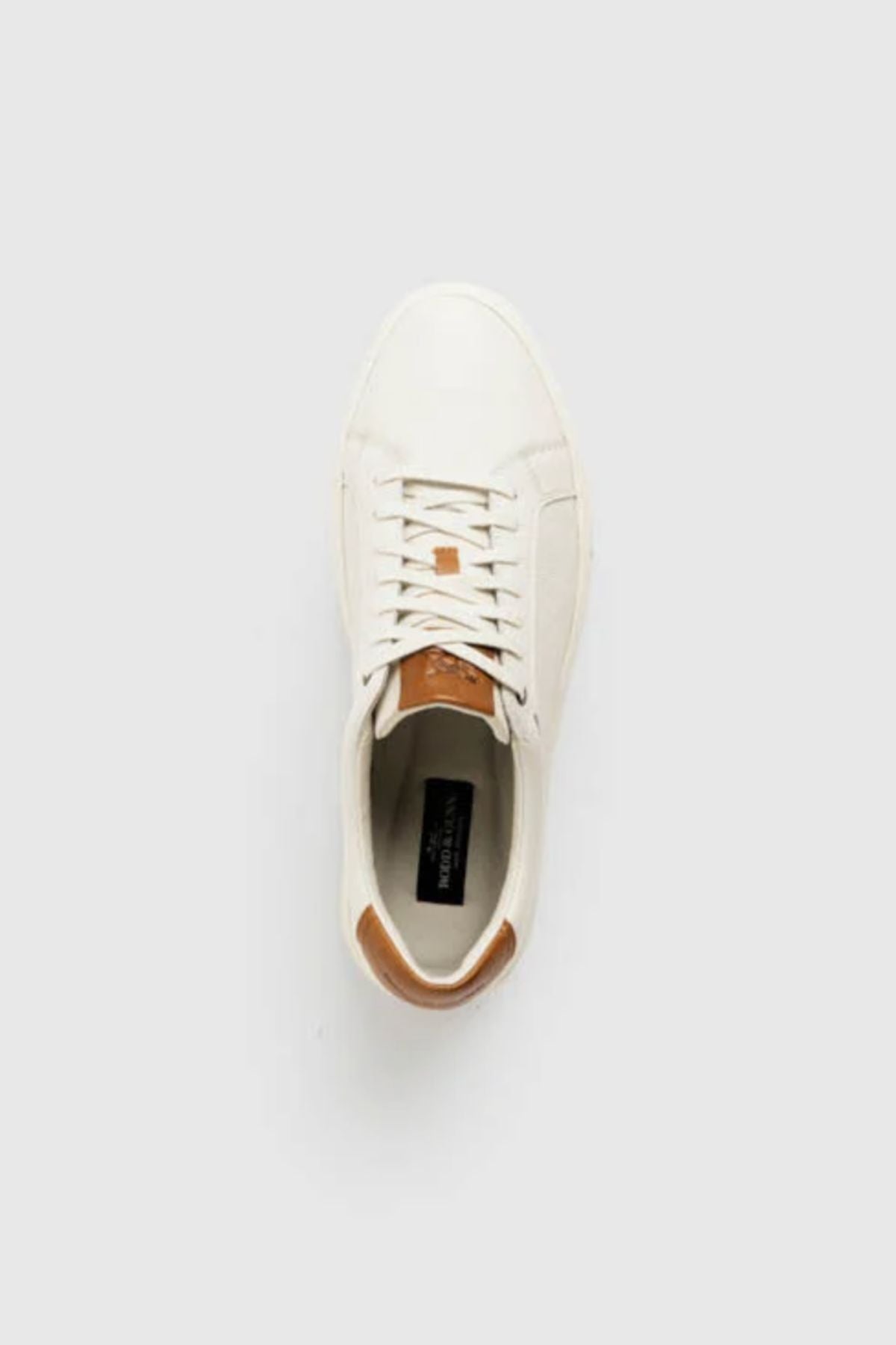 A top view of the Rodd & Gunn Transit Sneaker, made with premium leather, featuring white laces and tan accents on the tongue and heel, set against a plain light gray background.