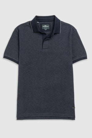 The Rodd & Gunn Wilson Bay Sports Fit Polo in dark navy features a subtle stripe, short sleeves, a collar, and buttoned placket, crafted from breathable birdseye knit and shown laid flat on a light gray background.