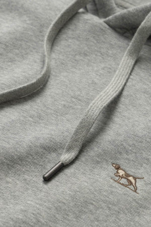 Close-up of a gray Rodd & Gunn Otago Hoodie featuring a drawstring and a small embroidered brown dog logo, crafted from premium Australian Cotton with soft brushed back fleece for enhanced comfort.