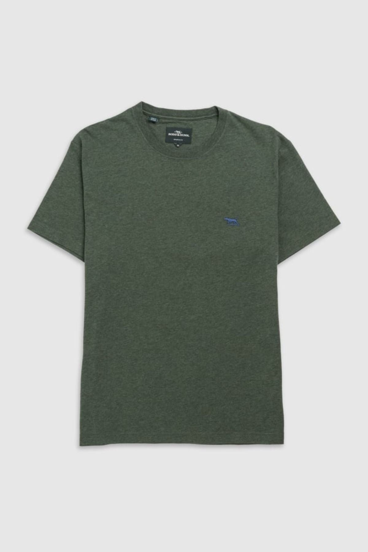 The Rodd & Gunn The Gunn T-Shirt, a plain dark green tee made from Australian Cotton, features a small blue embroidered logo on the left chest and has a classic crew neck. Perfect for everyday wear, it is laid flat against a light gray background.