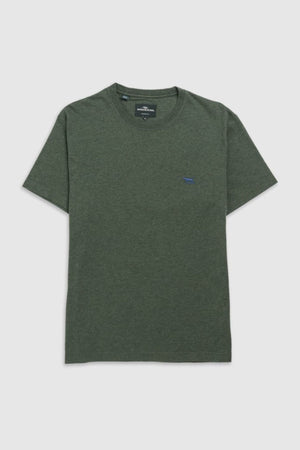 The Rodd & Gunn The Gunn T-Shirt, a plain dark green tee made from Australian Cotton, features a small blue embroidered logo on the left chest and has a classic crew neck. Perfect for everyday wear, it is laid flat against a light gray background.