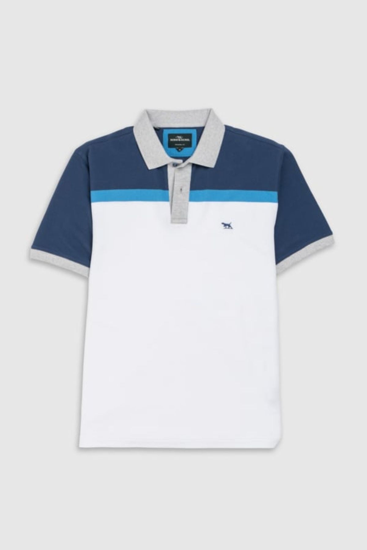 The Rodd & Gunn Whitby Polo has a grey collar, blue sleeves, a blue chest stripe, and a small embroidered logo on the left side of the white torso in a stylish color block design with short sleeves.