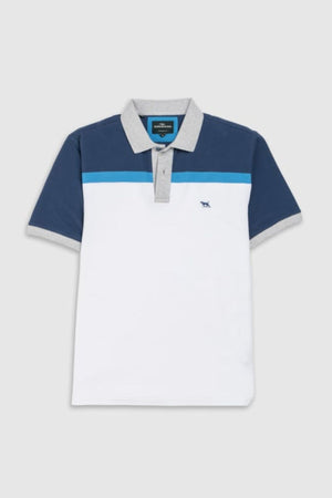 The Rodd & Gunn Whitby Polo has a grey collar, blue sleeves, a blue chest stripe, and a small embroidered logo on the left side of the white torso in a stylish color block design with short sleeves.