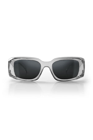 Front view of SafeStyle Auras sunglasses featuring thick graphite square frames and grey polarised lenses for enhanced eye protection, displayed against a white background.