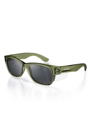 SafeStyle Classics Green Frame Polarised Lens sunglasses feature olive green, thick translucent polycarbonate frames, dark lenses, checkered detailing by the hinges, "Bob Saget" signature on the arms, UV protection, and are shown on a white background.