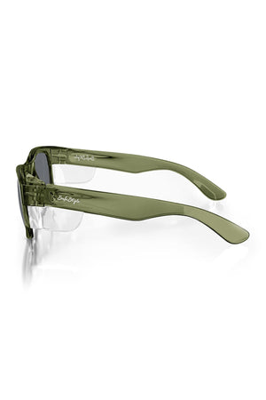 SafeStyle Classics Green Frame Polarised Lens sunglasses with thick, translucent olive frames and lightly tinted UV-protected lenses are shown side-on against a white background. The SafeStyle branding appears on the temple.