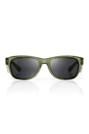 The SafeStyle Classics Green Frame Polarised Lens sunglasses feature green rectangular polycarbonate frames and dark polarised lenses for superior UV protection, shown on a white background.