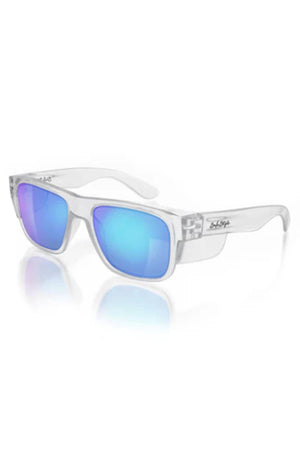 The SafeStyle Fusions feature a clear rectangular frame with blue mirrored polarised lenses, offering UV protection. The arms include a subtle logo and a cross pattern near the hinges for added style.