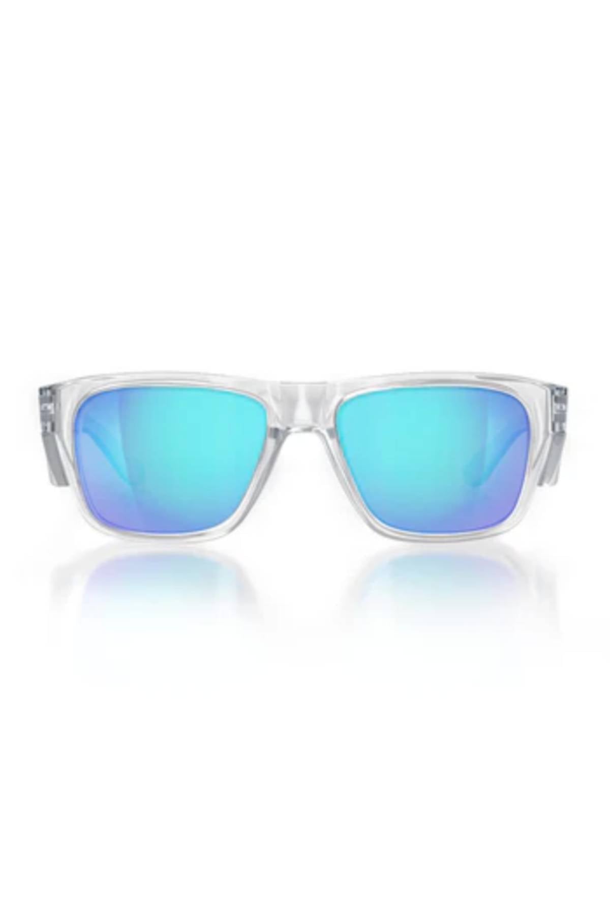 SafeStyle Fusions sunglasses feature a clear frame with blue polarised mirror lenses offering UV protection, shown against a white background.
