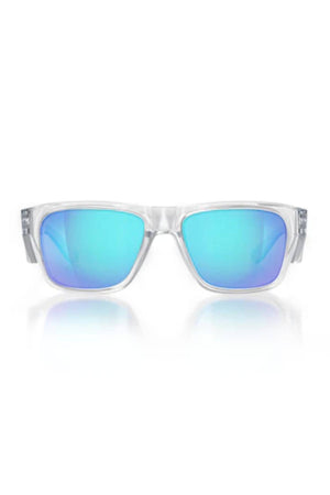 SafeStyle Fusions sunglasses feature a clear frame with blue polarised mirror lenses offering UV protection, shown against a white background.