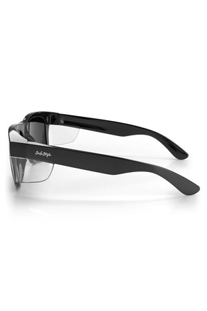 Side view of SafeStyle Fusions XL Black Frame eyeglasses with thick arms for extra comfort, a shiny finish, and a subtle logo on the temple. The clear polarised lenses provide stylish UV protection.