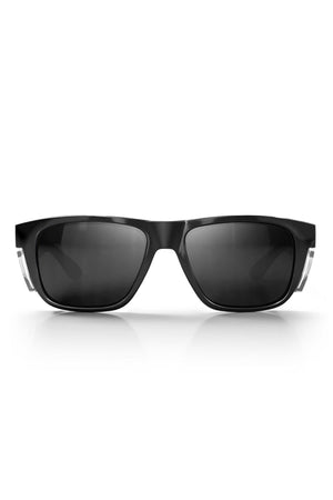 Front view of SafeStyle Fusions XL Black Frame Tinted Lens sunglasses with slightly thick frames and tinted lenses on a white background. These stylish shades provide extra UV protection for your eyes.