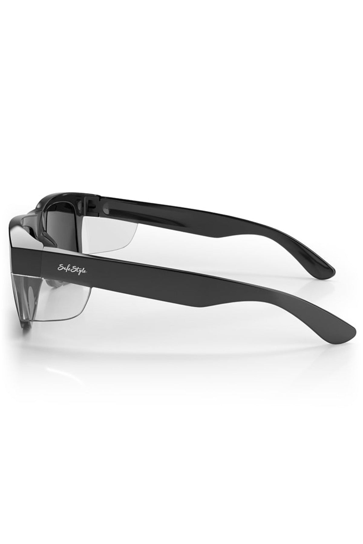 The SafeStyle Fusions XL Black Frame Tinted Lens features black rectangular half-rim eyeglasses with thick arms and a white signature logo, shown from the side on a white background. These frames provide UV protection for extra eye safety.