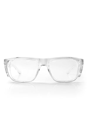 The SafeStyle Fusions XL Clear Frame Clear Lens eyeglasses feature shatterproof, thick frames with slightly rounded edges and offer UV protection. These chic XL safety glasses are stylishly displayed on a white surface.