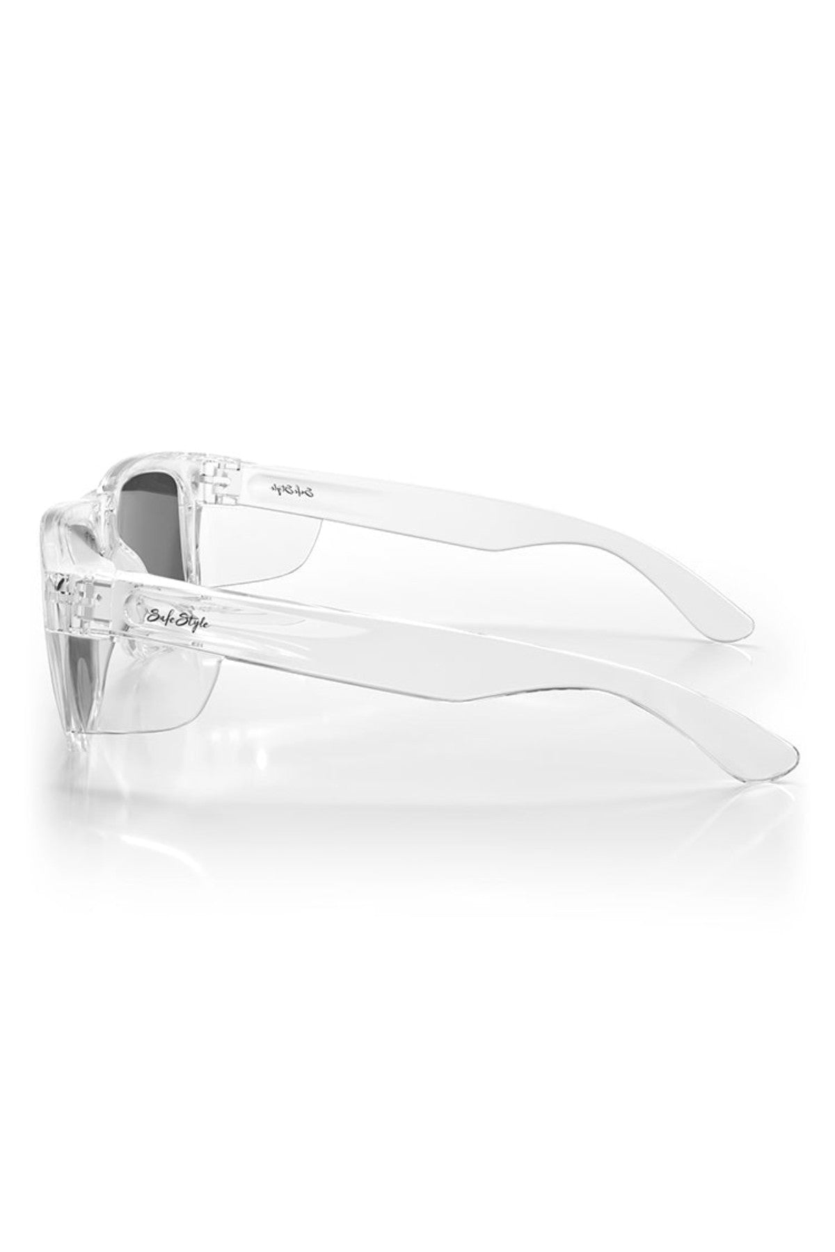 The SafeStyle Fusions XL Clear Frame Polarised Lens sunglasses feature thick, translucent arms with a small black logo by the hinge. Displayed from a side angle, they have clear frames and dark, polarised lenses against a white background.
