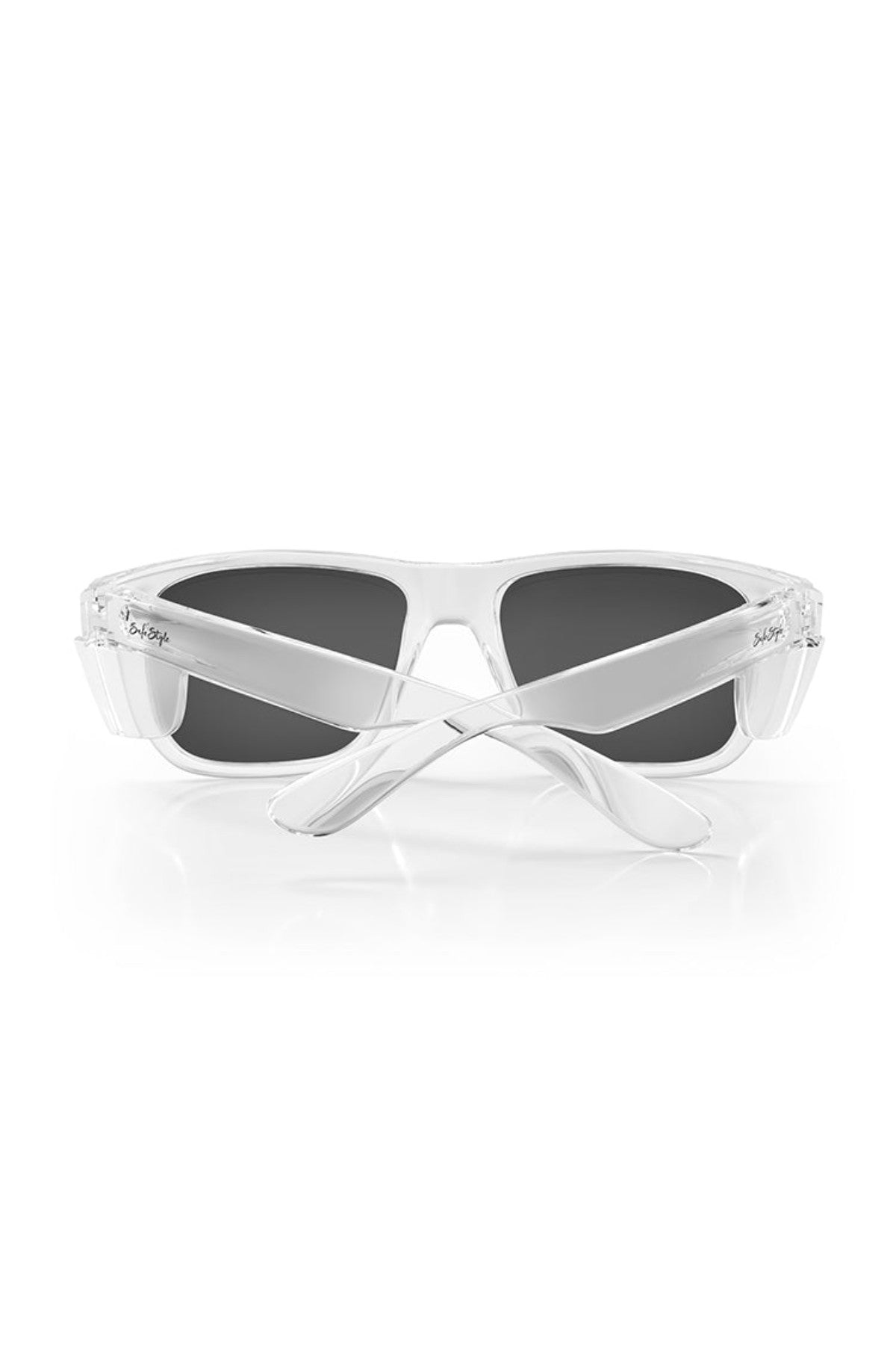 The SafeStyle Fusions XL features clear, shatterproof frames and dark polarised lenses, displayed from the back with crossed arms.