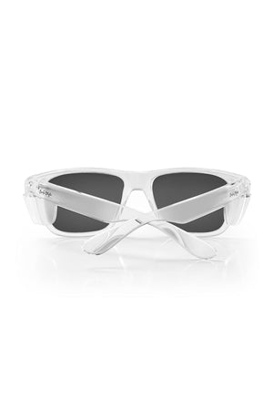 The SafeStyle Fusions XL features clear, shatterproof frames and dark polarised lenses, displayed from the back with crossed arms.