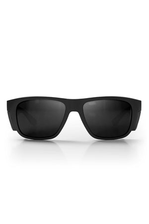 A pair of SafeStyle Fusions XL Matte Black Frame sunglasses with dark, Polarised lenses, viewed from the front against a plain white background. The frame has a simple, modern design and the lenses are slightly reflective.
