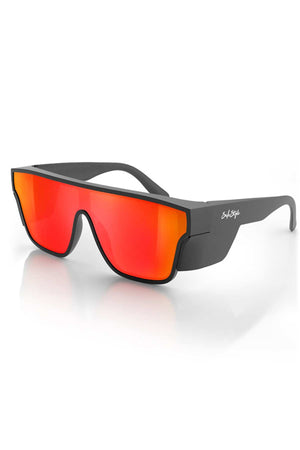 SafeStyle Primes Matte Black Frame Reflectors feature large, rectangular red mirrored lenses with UV protection and an anti-scratch coating, shown on a white reflective surface.