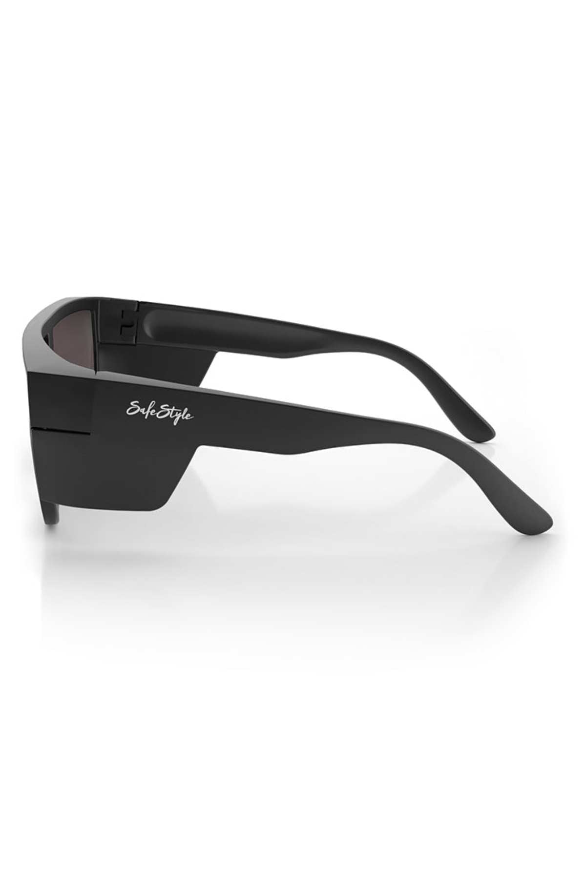 Side view of SafeStyle Primes Matte Black Frame Reflectors with bold frames, wide arms, and red rectangular lenses. A white "SafeStyle" logo appears near the hinge. These sunglasses provide UV protection for your eyes.