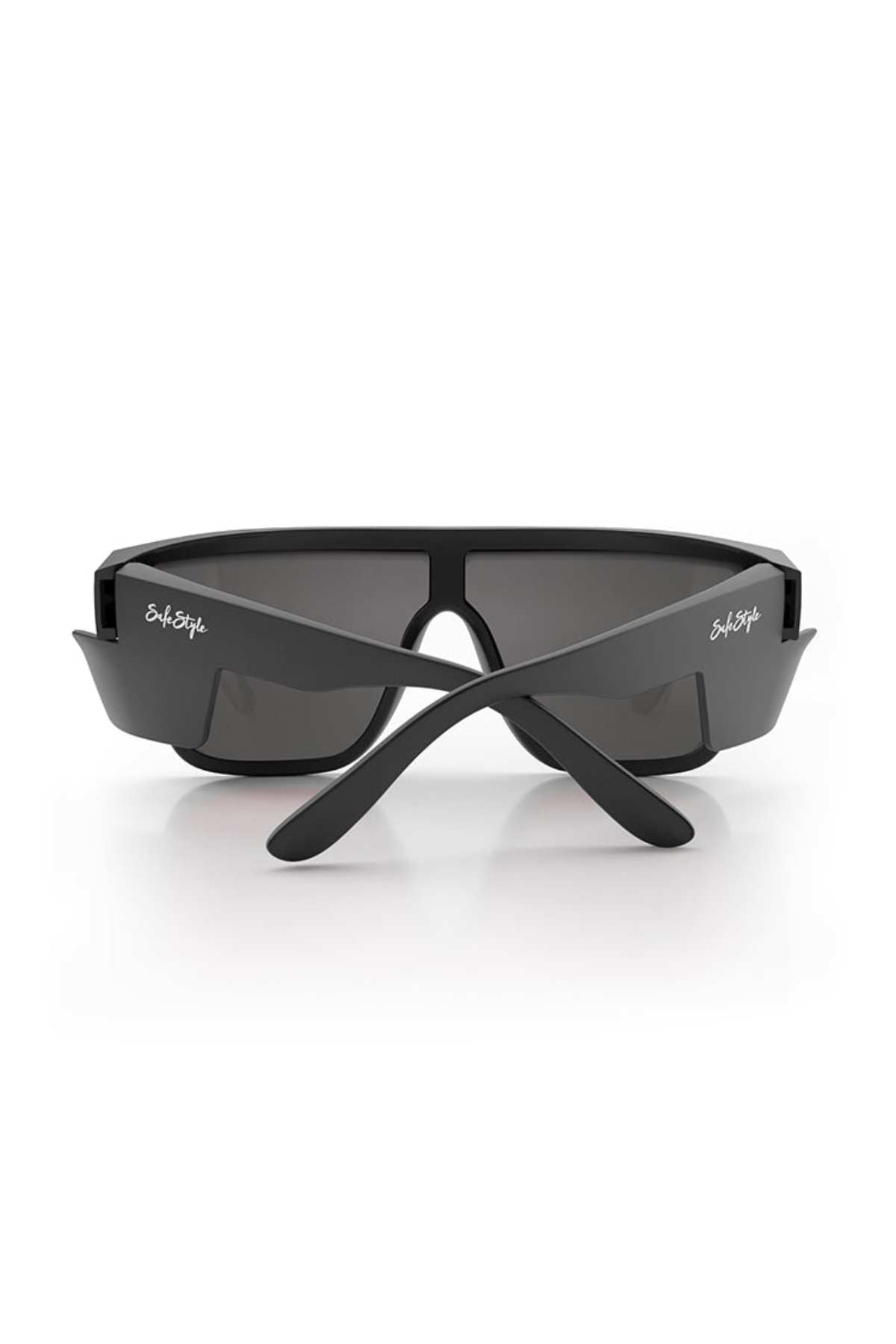A pair of SafeStyle Primes sunglasses featuring a matte black rectangular frame, red reflective lenses, and crossed temples. The left temple has a white "Sol Style" logo. Enjoy stylish UV protection for your eyes.