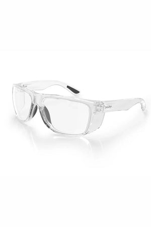 SafeStyle Rapids Clear Frame Clear Lens safety glasses with shatterproof frame and lenses, side shields for added protection, and curved arms with black non-slip grips near the ears, shown on a white background.