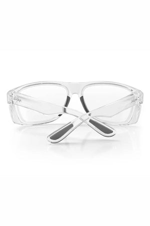 SafeStyle Rapids Clear Frame Clear Lens sunglasses with transparent, shatterproof frame and lenses are shown from the back, featuring black-tipped arms crossed for a secure, non-slip fit on a white background.