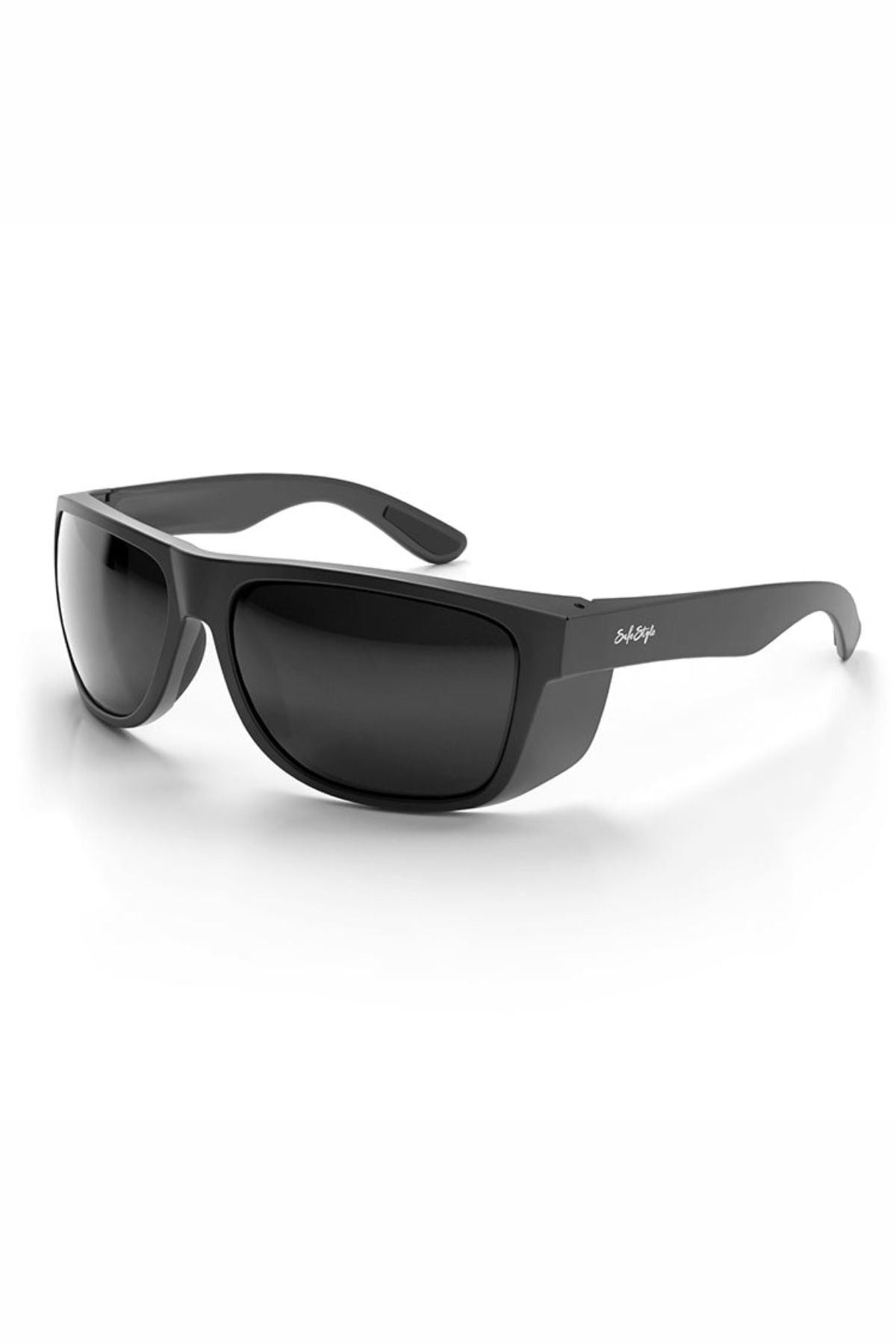 The SafeStyle Rapids sunglasses feature a matte black wraparound frame, shatterproof tinted lenses with UV protection, and slightly curved arms, shown on a white background.