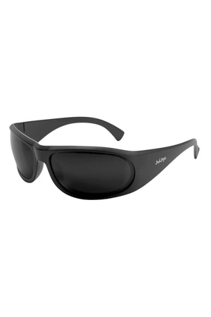 The SafeStyle Sonics Matte Black Frame Polarised Lens sunglasses feature a thick black wraparound frame, dark anti-scratch polarised lenses, UV protection, and curved arms with a white logo by the hinge. Displayed on a white background.