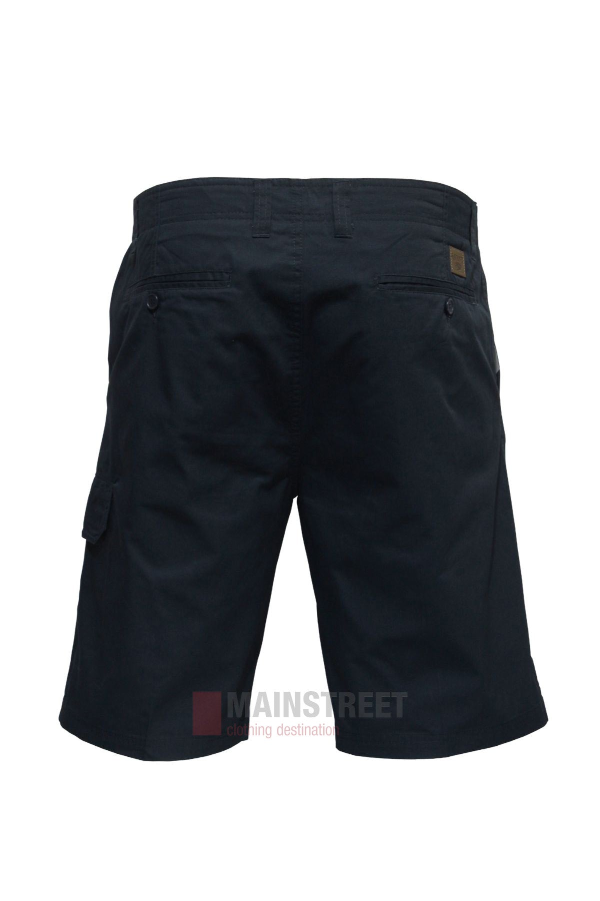 Back view of Savane Burleigh Cargo Shorts in black, featuring an adjustable waistband, two rear pockets, and a small logo tag above the right pocket, shown against a white background for comfortable wear.
