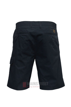 Back view of Savane Burleigh Cargo Shorts in black, featuring an adjustable waistband, two rear pockets, and a small logo tag above the right pocket, shown against a white background for comfortable wear.