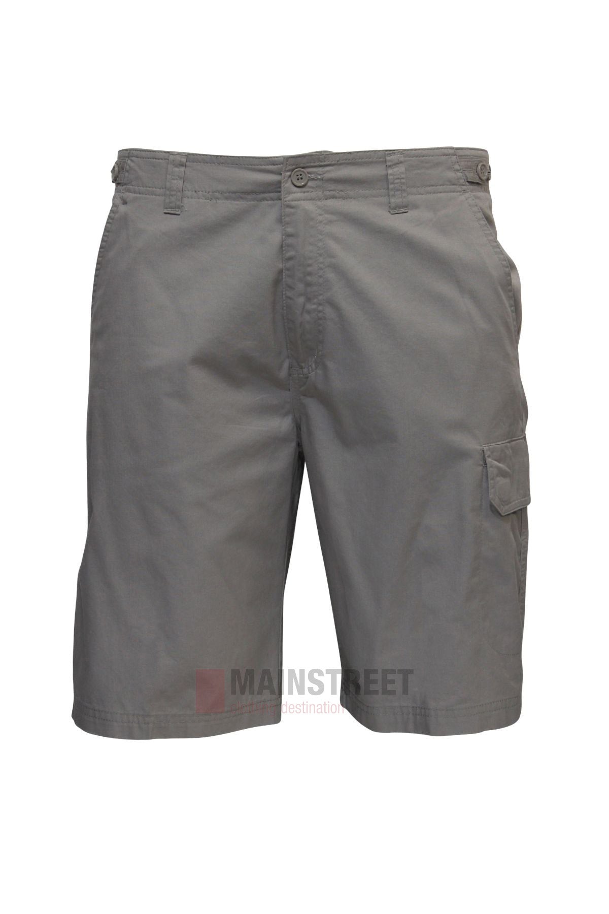 The Savane Burleigh Cargo Shorts feature an adjustable waistband, button and zip closure, side pockets, and a right-leg flap pocket. These comfortable gray shorts are displayed against a white background.