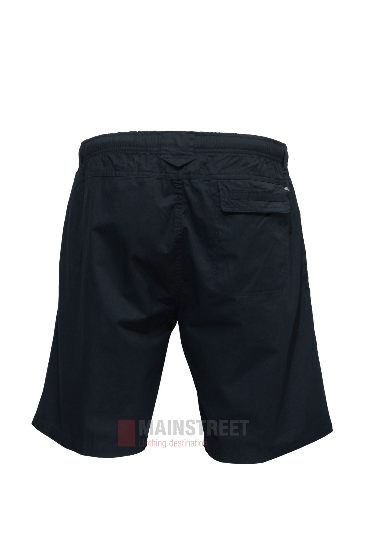The Savane Cruise Shorts for men are shown in black from the back, featuring an elastic waistband and a right-side back flap pocket, made from lightweight fabric for comfort.