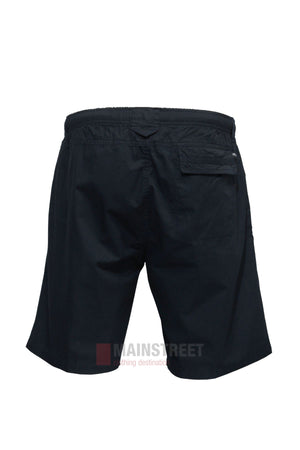 The Savane Cruise Shorts for men are shown in black from the back, featuring an elastic waistband and a right-side back flap pocket, made from lightweight fabric for comfort.