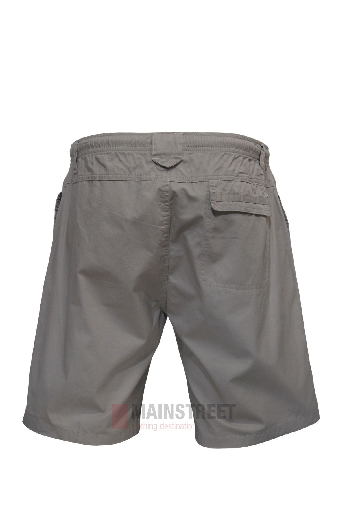Gray Savane Cruise Shorts for men shown from the back, with an elastic waist, belt loops, two side pockets, and a single back flap pocket. Made from lightweight fabric and displayed on a plain white background.