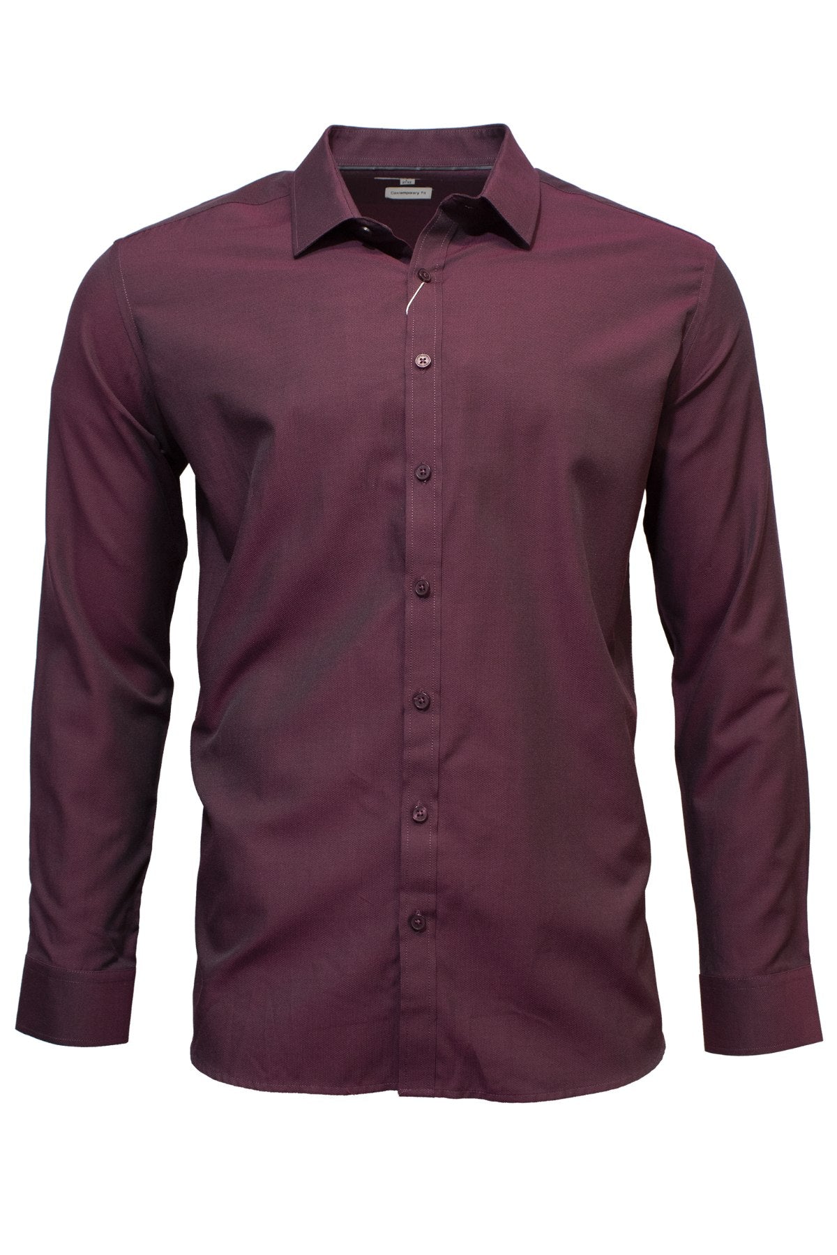 The Seine Soft Touch Dress Shirt is a maroon, collared long sleeve shirt with a contemporary fit, made from 100% wood pulp, shown on a plain white background.