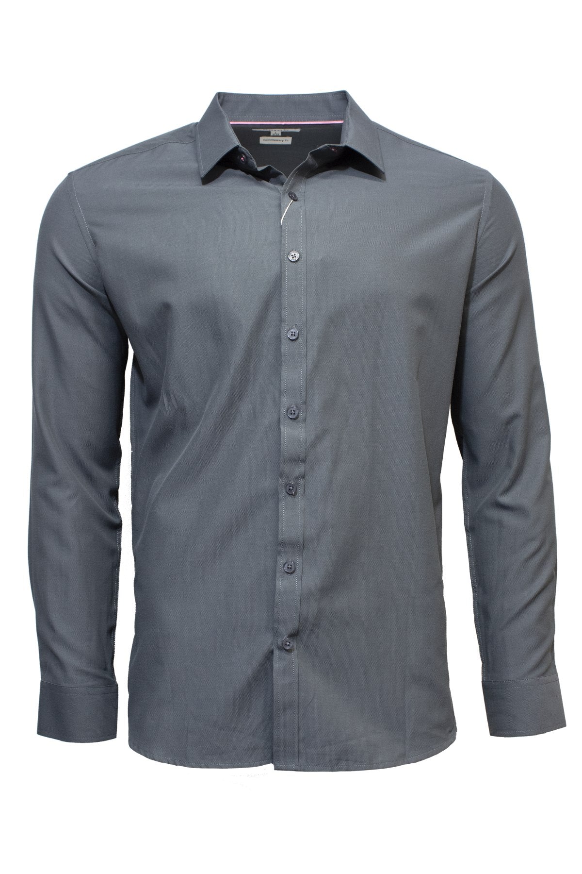 The Seine Soft Touch Dress Shirt is a long-sleeve, button-up, dark gray shirt with a pointed collar, made from 100% wood pulp. It has a contemporary fit and is shown neatly pressed against a white background.