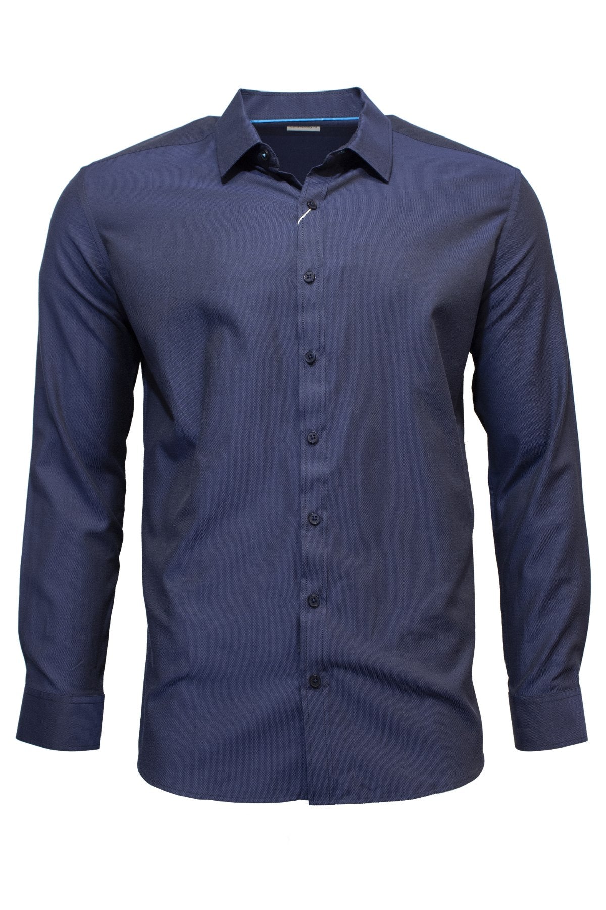 The Seine Soft Touch Dress Shirt is a men's long-sleeve, button-up in solid navy, made from 100% wood pulp with a contemporary fit, classic collar, and fitted design, shown against a white background.