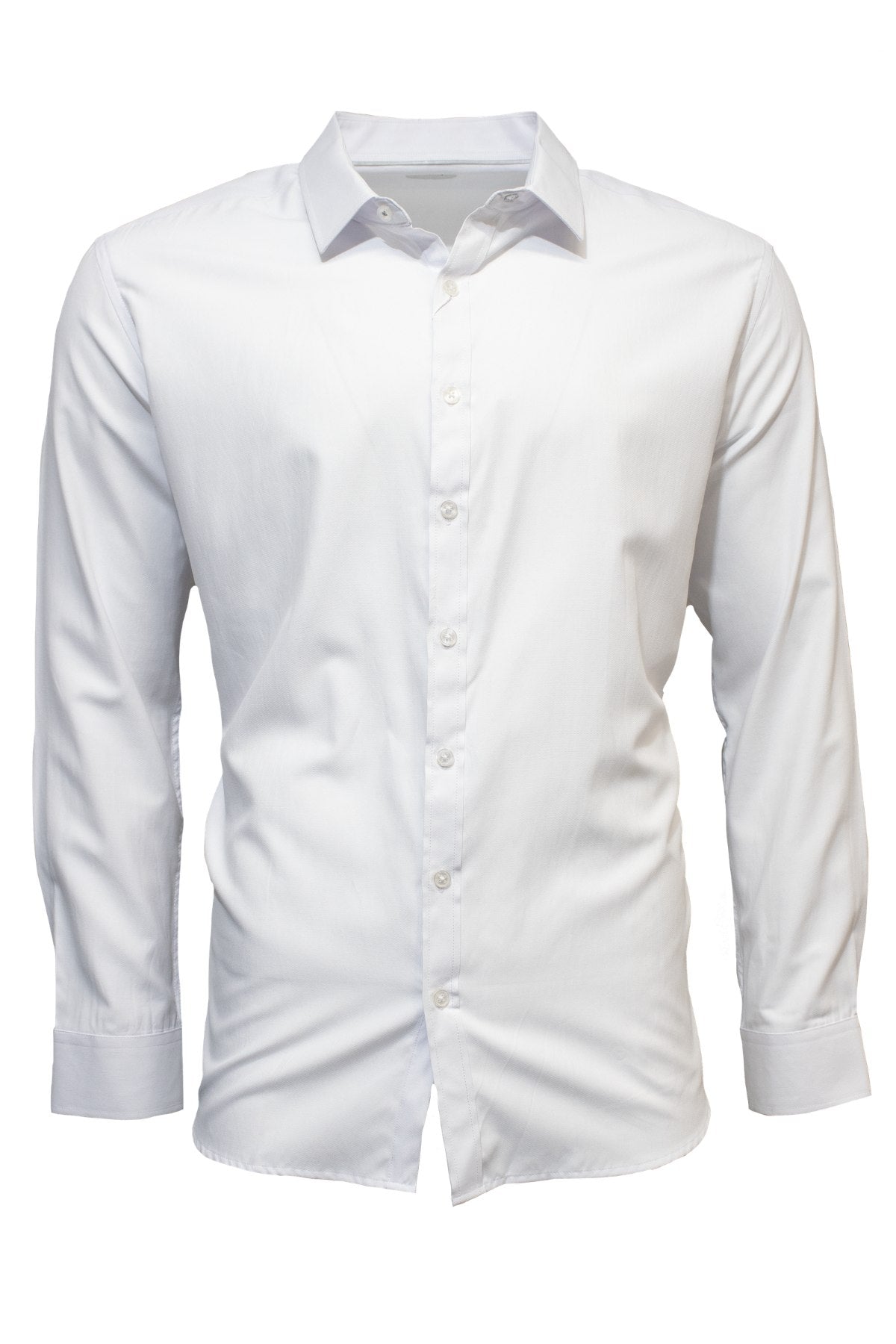The Seine Soft Touch Dress Shirt is a plain white long sleeve shirt with a collar and front buttons, tailored in a contemporary fit and shown on a white background.