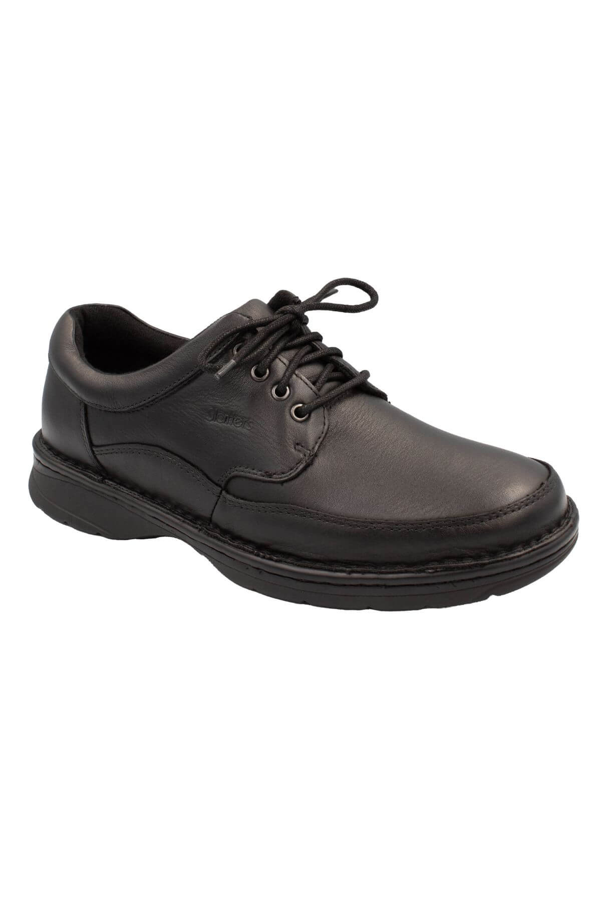 The Slatters Award II is a black leather lace-up dress shoe with a low heel and cushioned sole, featuring a smooth and polished leather upper. It boasts stitching along the sides, a padded collar for added comfort, and a thick sole designed for durability.