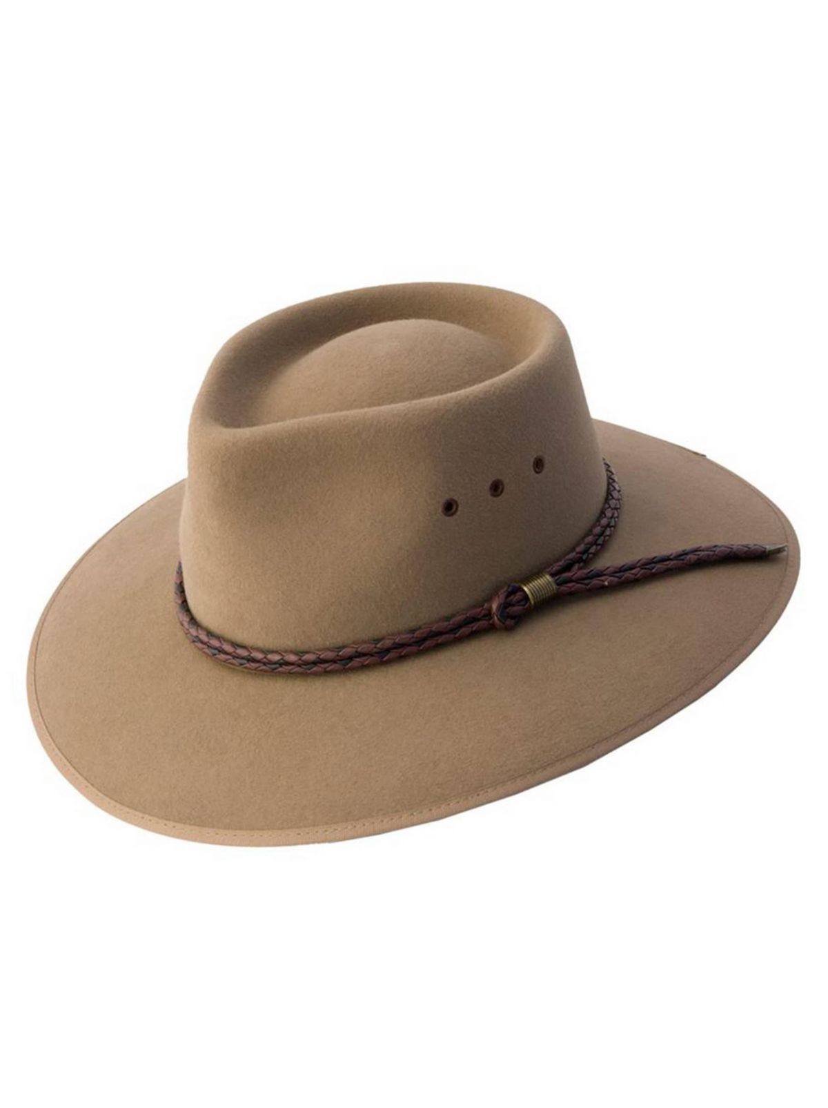 The Statesman Countryman Fur Felt Hat features a wide brim, Australian crown, three side ventilation holes, and a braided leather band, all in light brown—echoing the classic design that inspired it.
