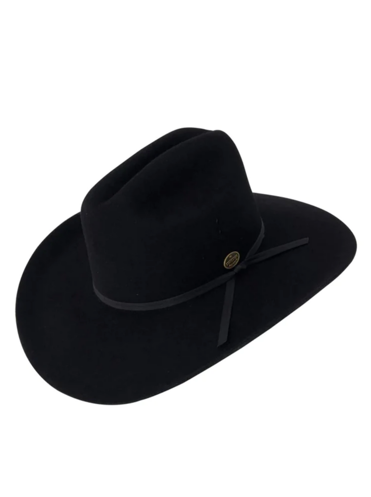 The Statesman Serpentine Fur Felt Hat is a black, wide-brimmed cowboy hat with a ribbon band and small round emblem on the side. Slightly angled for classic style and excellent sun protection, it stands out against a plain white background.