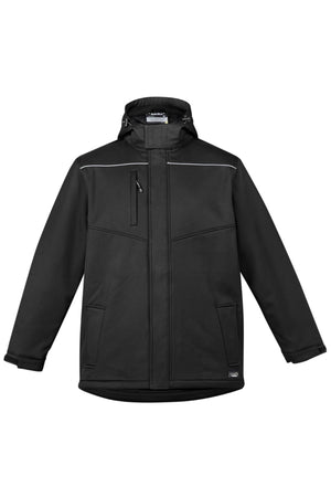 The Syzmik Antarctic Softshell Jacket in black features Oxford Bonded Polyester, a hood, front zipper, chest zip pocket, two side pockets, and white piping detail. Water resistant for extra protection.