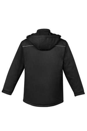 The Syzmik Antarctic Softshell Jacket is shown from the back, offering a relaxed fit and high collar. Made from Oxford Bonded Polyester, it’s water resistant and features a subtle reflective strip across the upper back and shoulders.