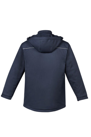 The Syzmik Antarctic Softshell Jacket in navy blue is shown from the back, featuring long sleeves, a slight sheen, quilted lining for comfort, two reflective lines across the shoulders, and a sleek design.
